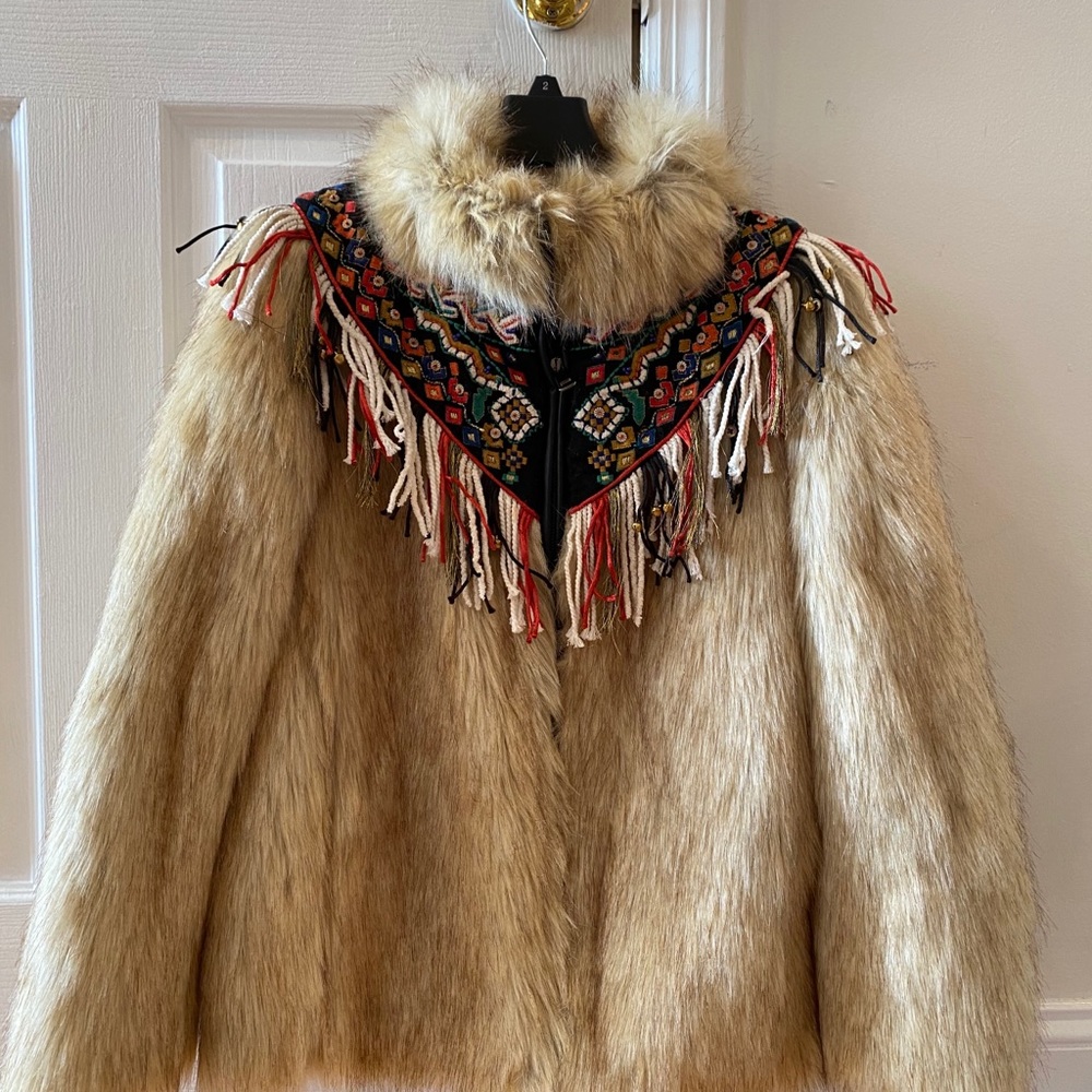 Zara Faux Fur Embroidered Fringe Jacket